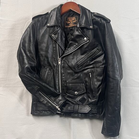 Milwaukee Riders Leather Biker Motorcycle Jacket Mens Small Black Heavy Duty - Picture 1 of 9